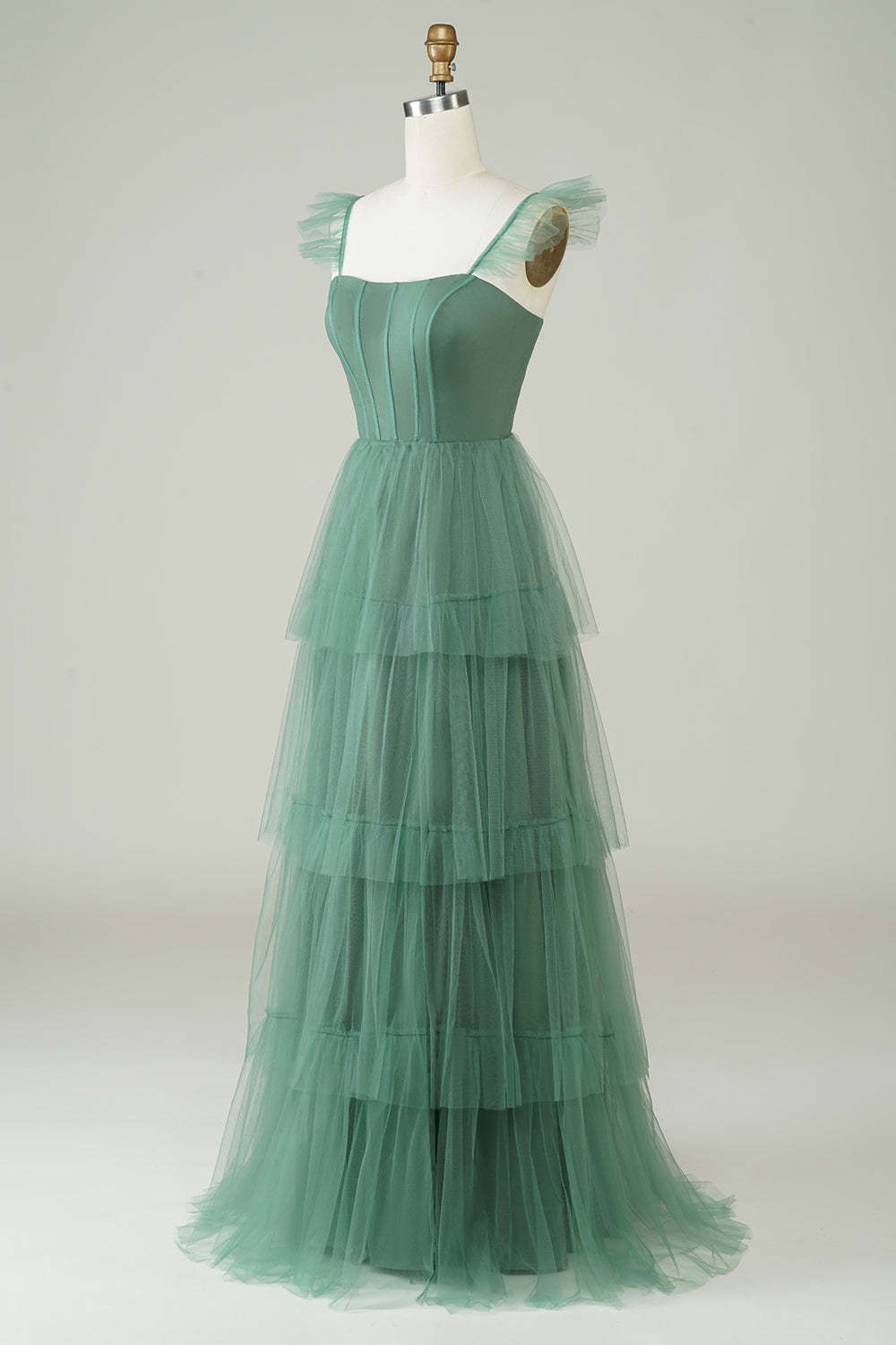 Detachable Straps A Line Purple Tulle Tiered Pleated Prom Dress with Slit