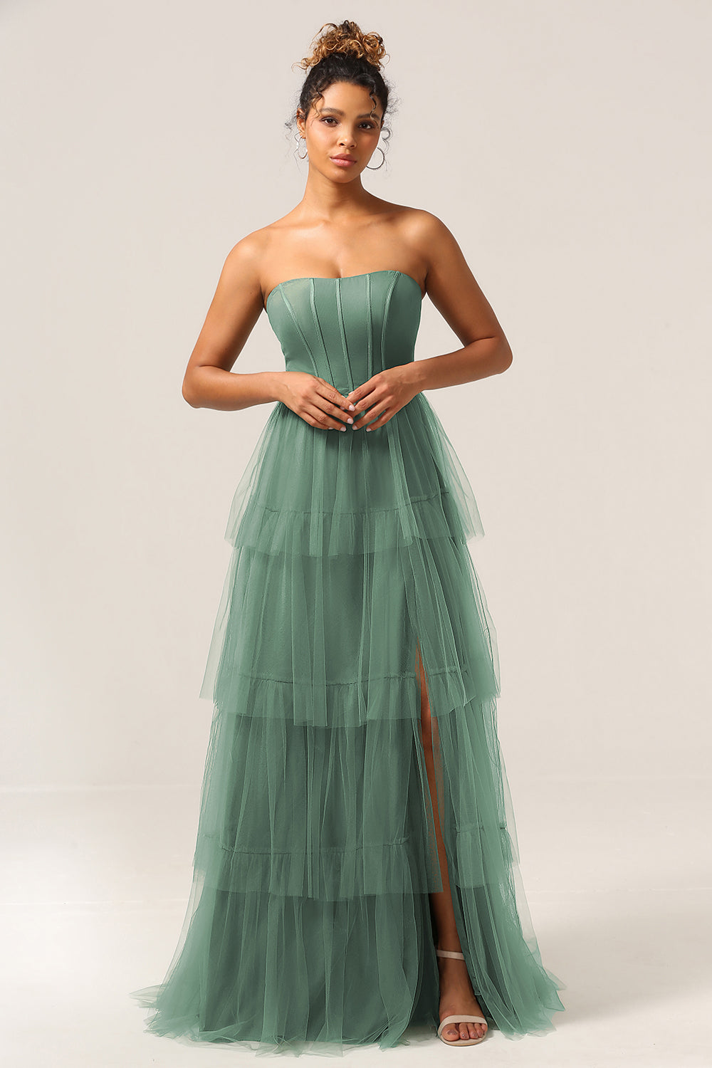 Plus Size Eucalyptus Detachable Straps A Line Tiered Maxi Bridesmaid Dress with Slit