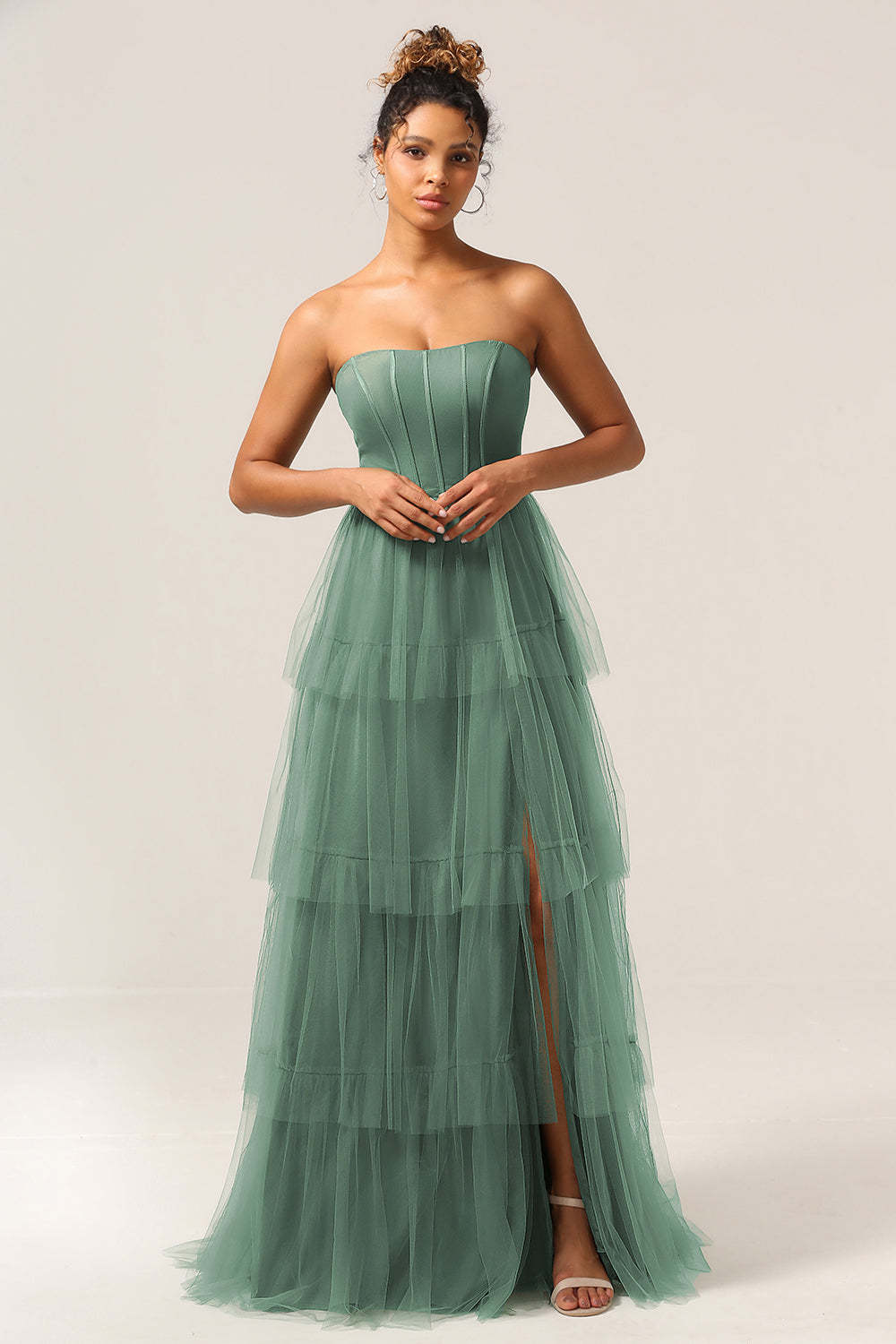 Plus Size Eucalyptus Detachable Straps A Line Tiered Maxi Bridesmaid Dress with Slit