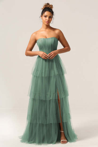 Plus Size Eucalyptus Detachable Straps A Line Tiered Maxi Bridesmaid Dress with Slit