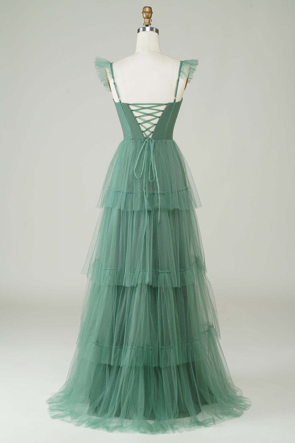 Detachable Straps A Line Purple Tulle Tiered Pleated Prom Dress with Slit