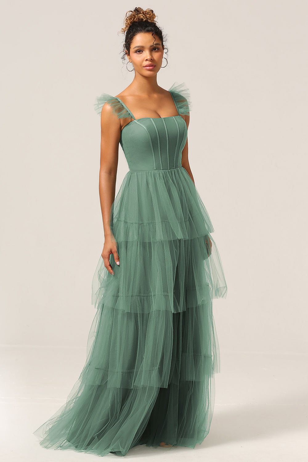 Plus Size Eucalyptus Detachable Straps A Line Tiered Maxi Bridesmaid Dress with Slit