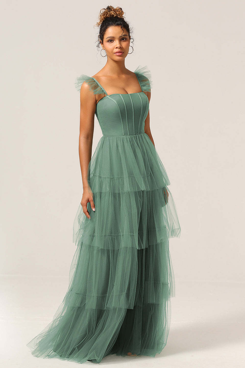 Plus Size Eucalyptus Detachable Straps A Line Tiered Maxi Bridesmaid Dress with Slit