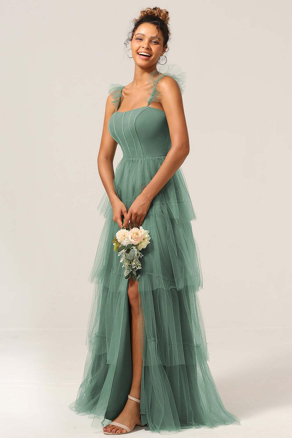 Plus Size Eucalyptus Detachable Straps A Line Tiered Maxi Bridesmaid Dress with Slit
