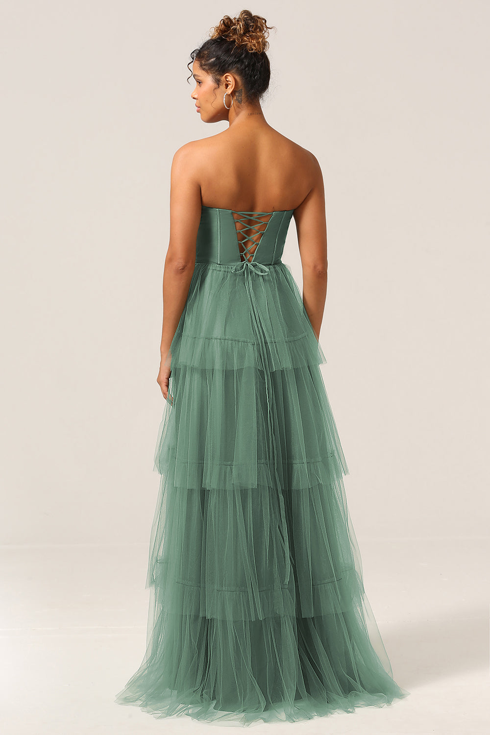 Plus Size Eucalyptus Detachable Straps A Line Tiered Maxi Bridesmaid Dress with Slit