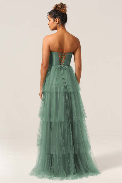 Plus Size Eucalyptus Detachable Straps A Line Tiered Maxi Bridesmaid Dress with Slit