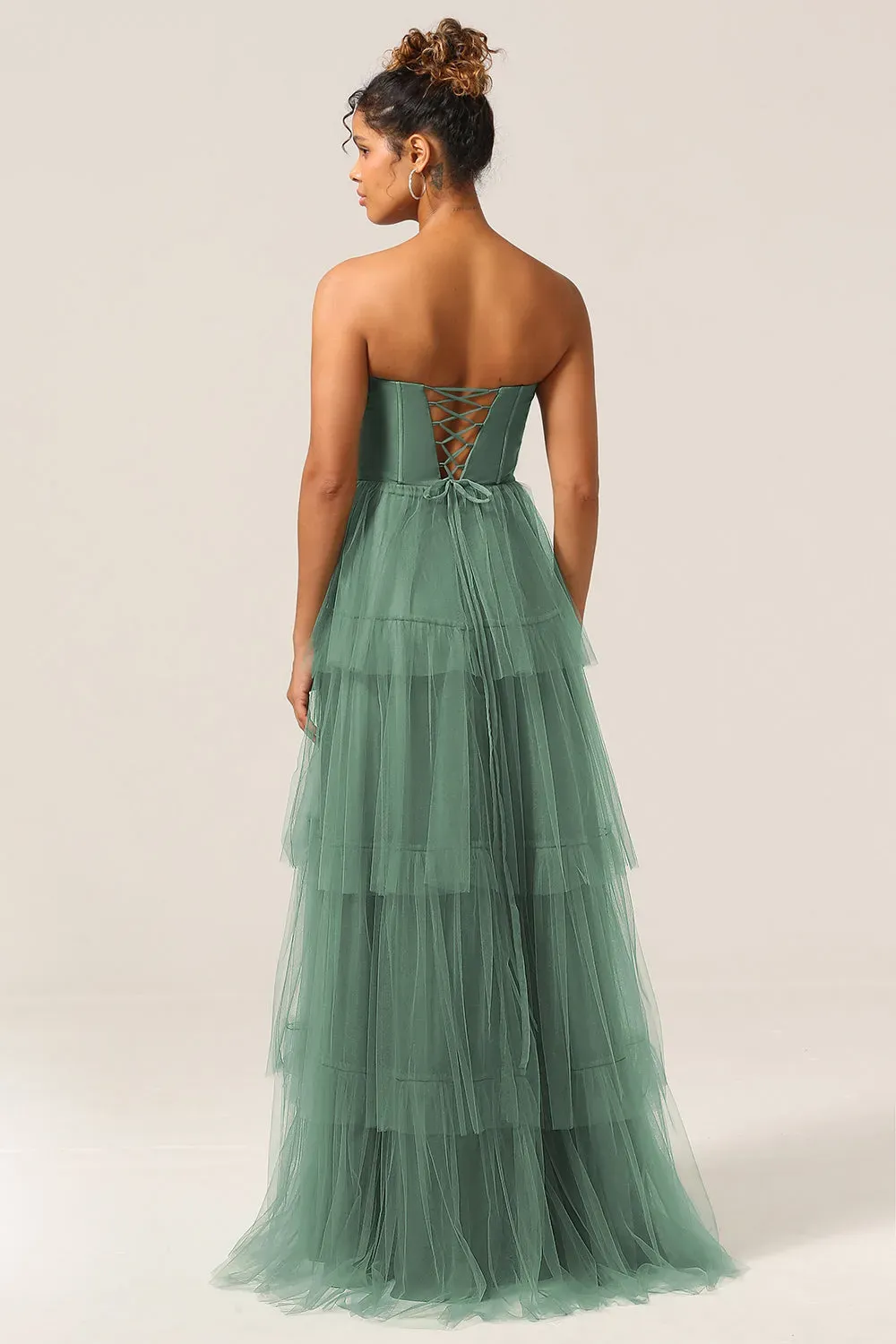Detachable Straps A Line Purple Tulle Tiered Pleated Bridesmaid Dress with Slit