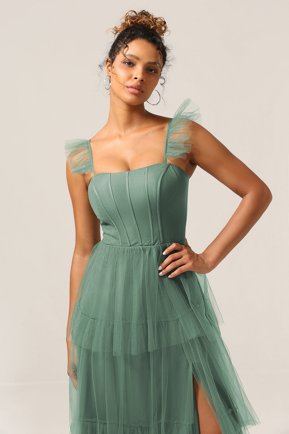 Dusty Blue Detachable Straps A Line Tiered Bridesmaid Dress with Slit