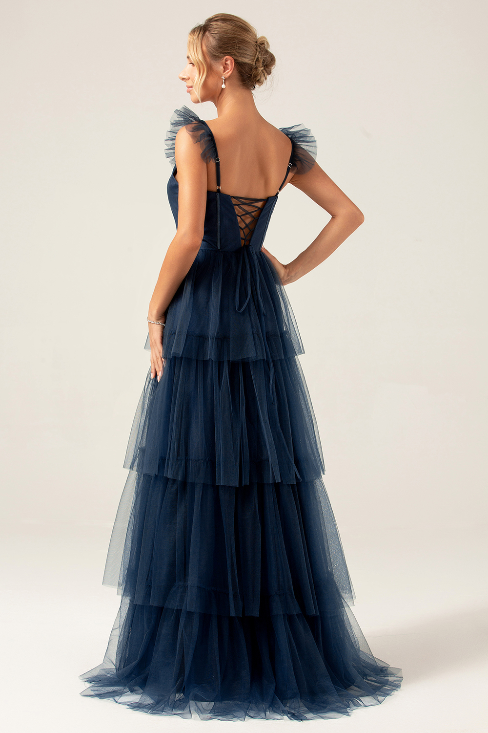 Dusty Blue Detachable Straps A Line Tiered Bridesmaid Dress with Slit