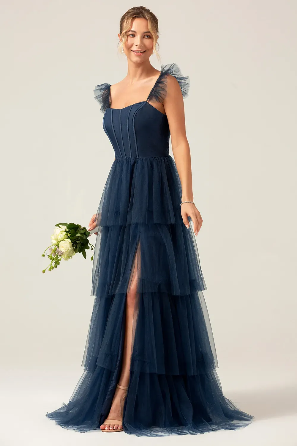Tulle Tiered A-line Corset Convertible Floor Length Bridesmaid Dress