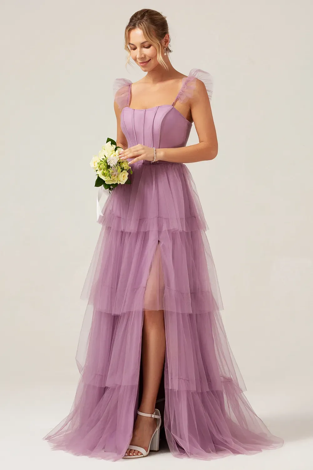 Tulle Tiered A-line Corset Convertible Floor Length Bridesmaid Dress
