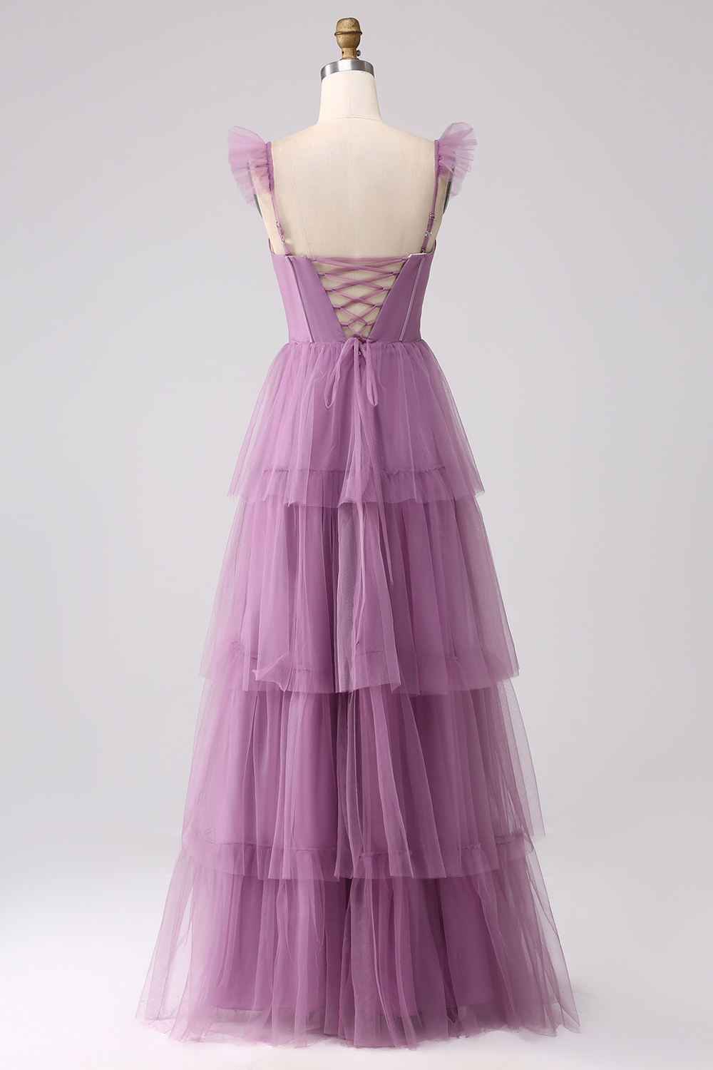 Detachable Straps A Line Purple Tulle Tiered Pleated Prom Dress with Slit
