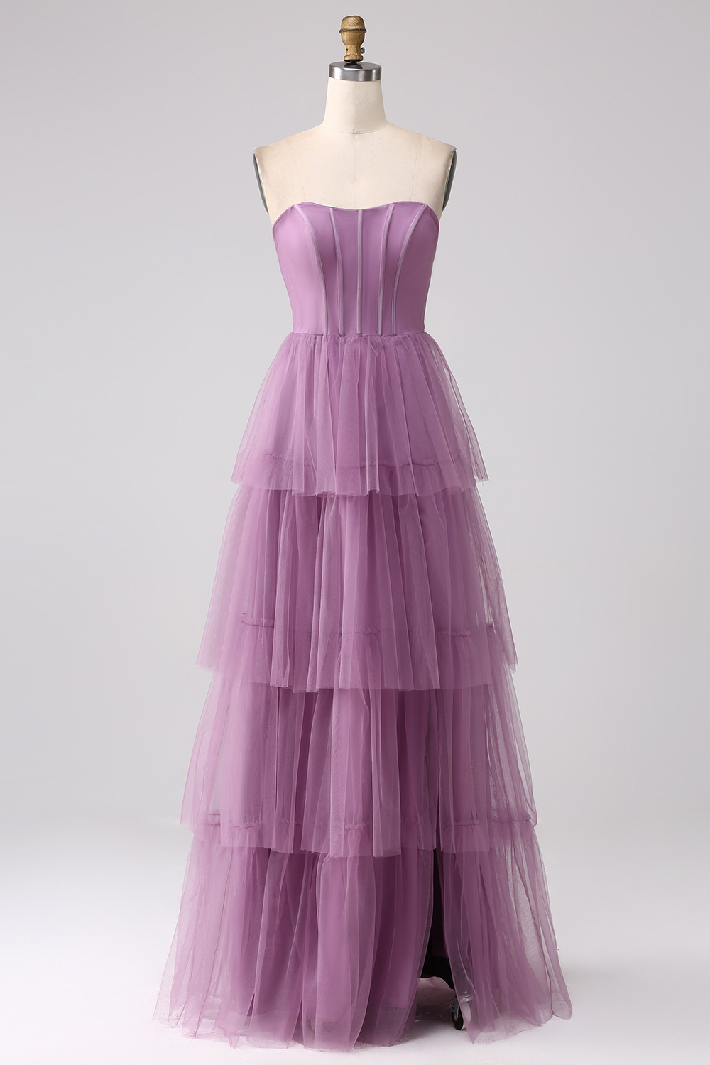 Detachable Straps A Line Purple Tulle Tiered Pleated Prom Dress with Slit