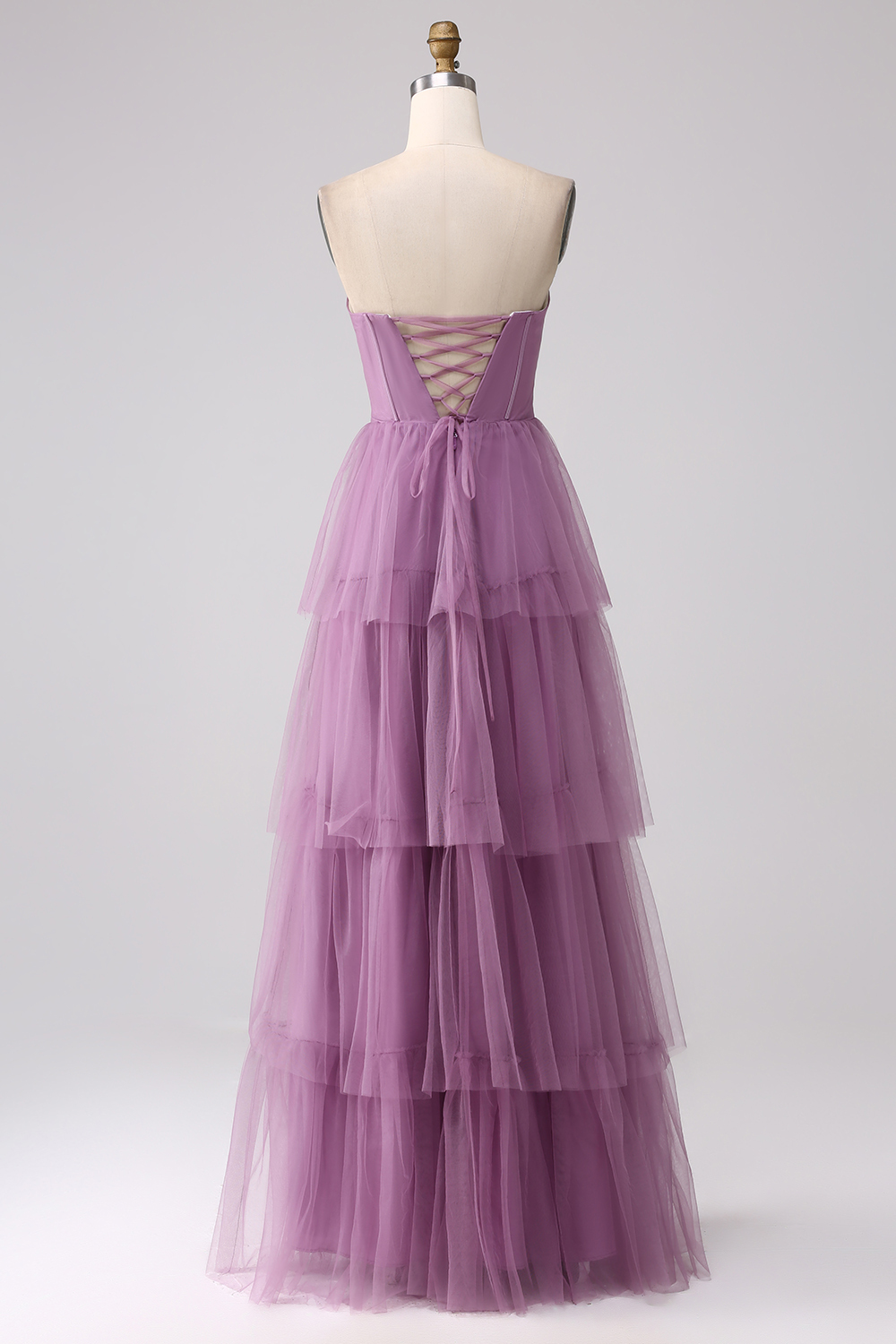 Detachable Straps A Line Purple Tulle Tiered Pleated Prom Dress with Slit