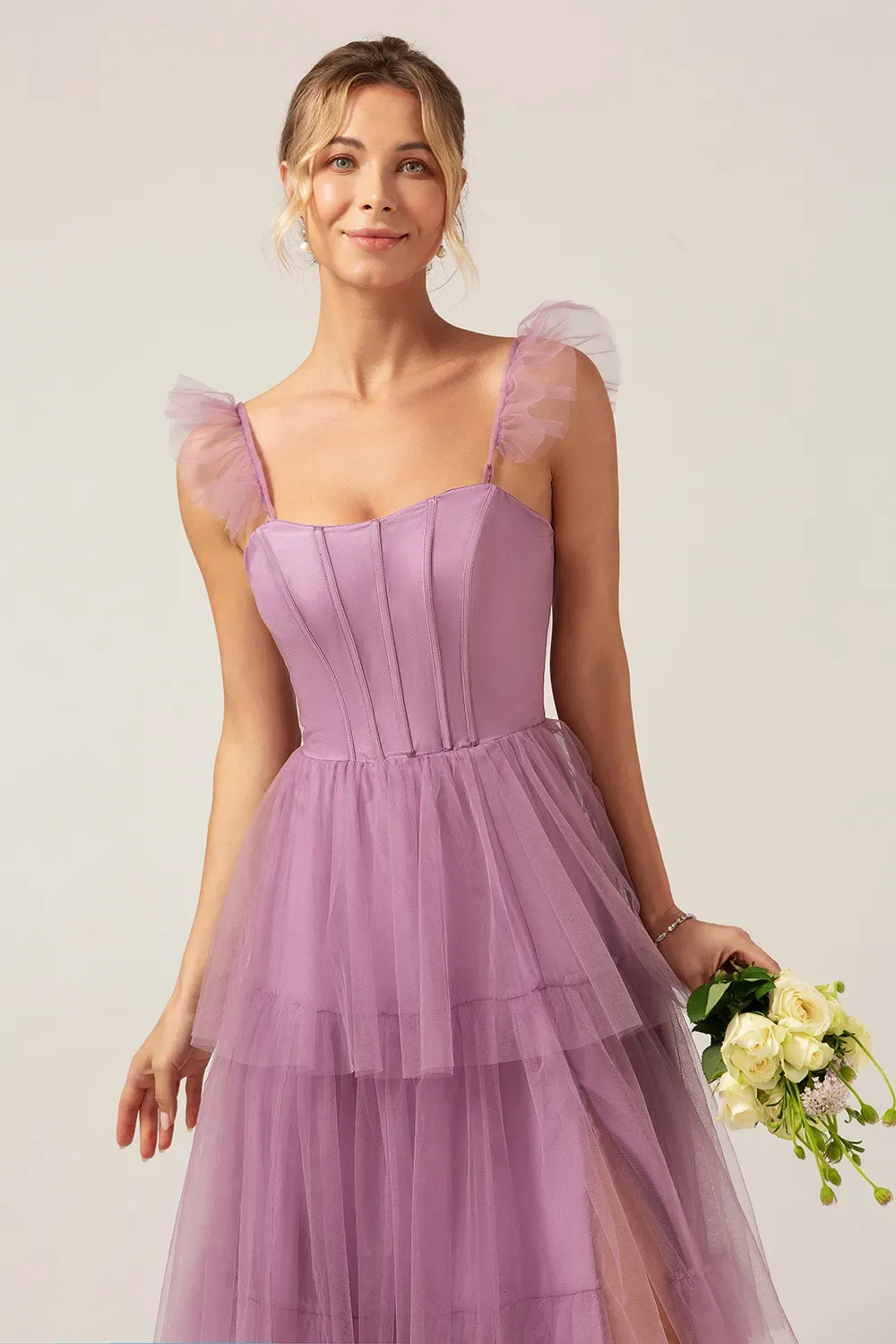 Tulle Tiered A-line Corset Convertible Floor Length Bridesmaid Dress