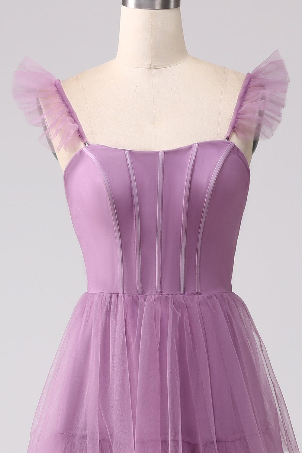 Detachable Straps A Line Purple Tulle Tiered Pleated Prom Dress with Slit