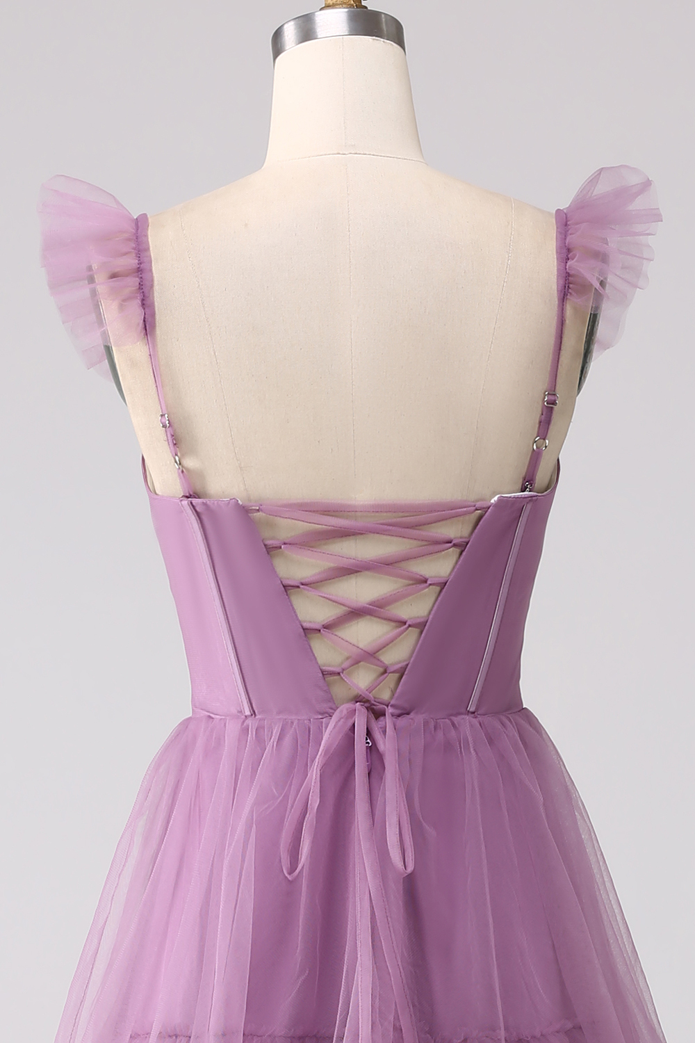 Detachable Straps A Line Purple Tulle Tiered Pleated Prom Dress with Slit