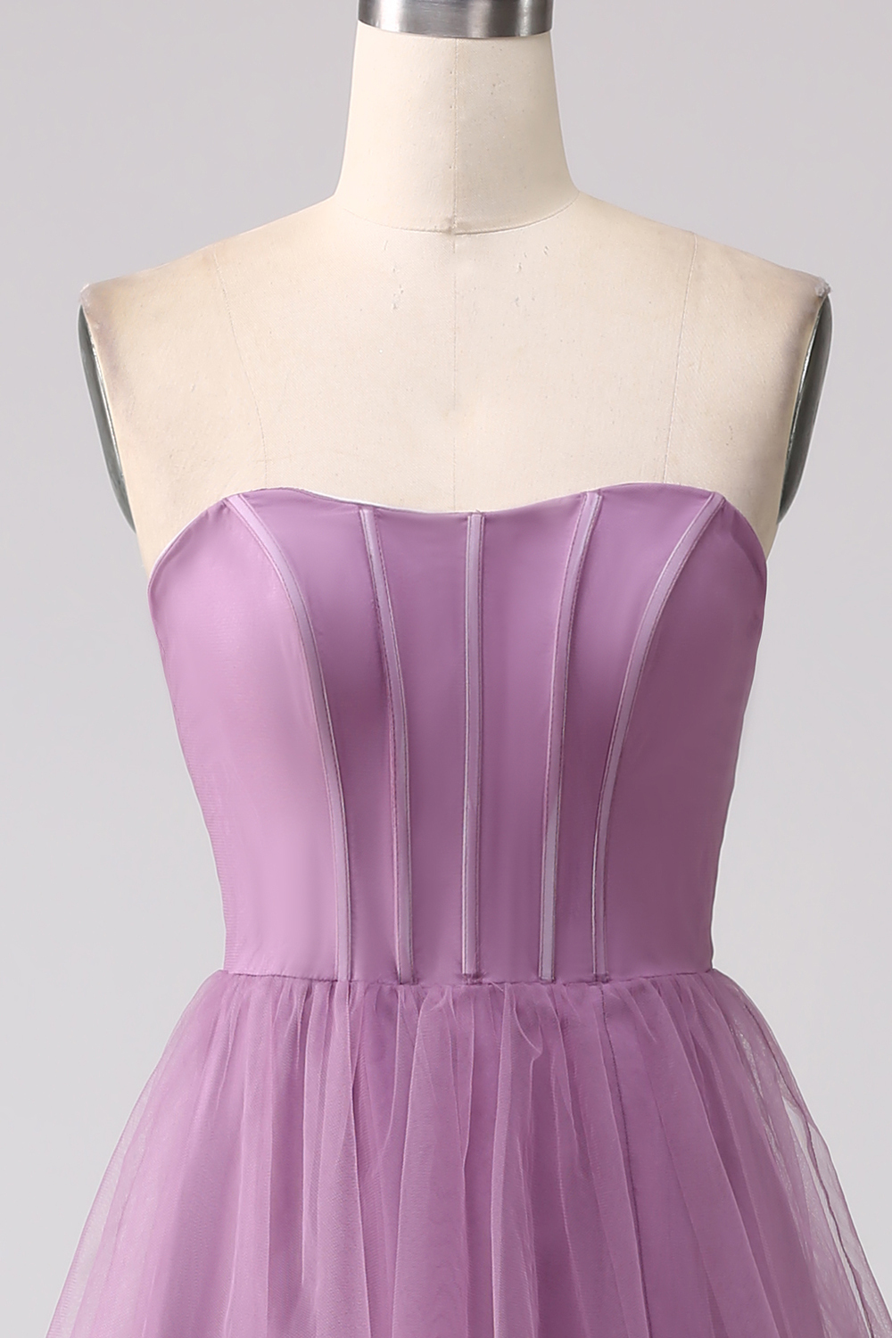 Detachable Straps A Line Purple Tulle Tiered Pleated Prom Dress with Slit