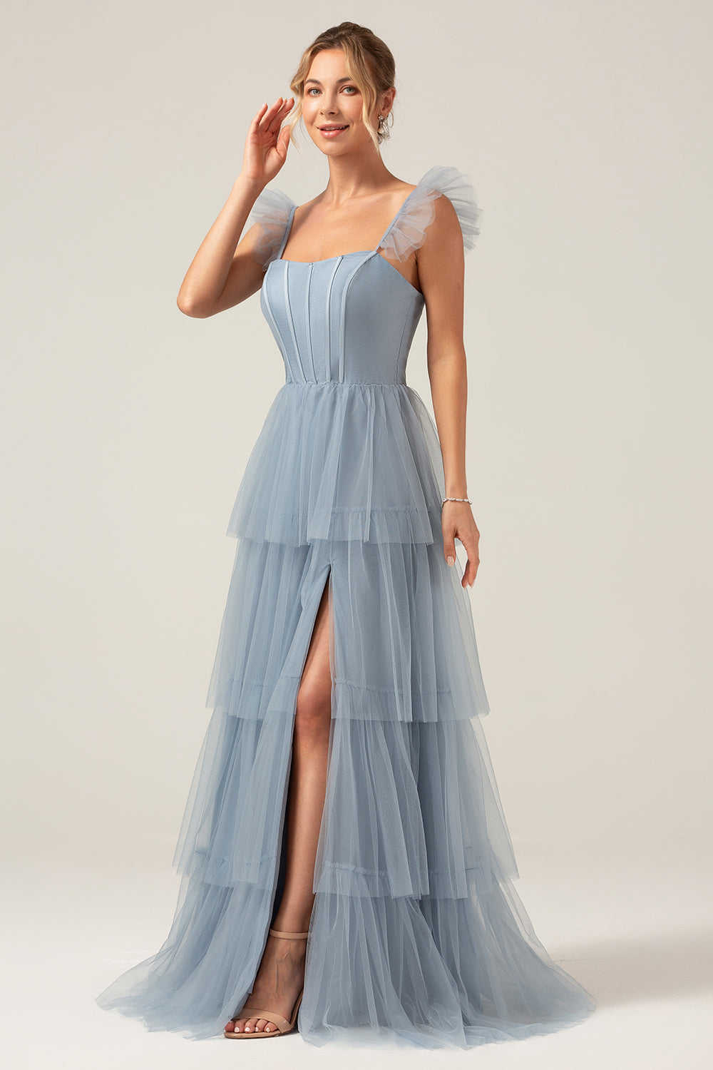 Plus Size Eucalyptus Detachable Straps A Line Tiered Maxi Bridesmaid Dress with Slit