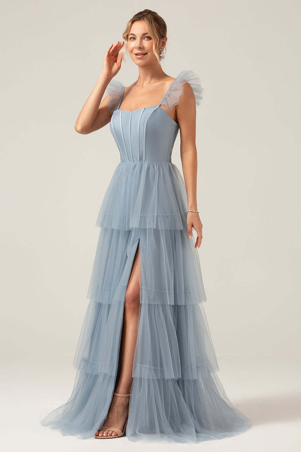 Plus Size Eucalyptus Detachable Straps A Line Tiered Maxi Bridesmaid Dress with Slit