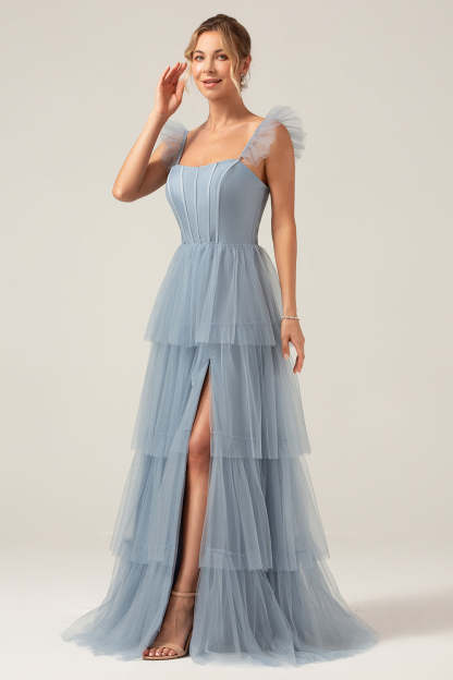 Plus Size Eucalyptus Detachable Straps A Line Tiered Maxi Bridesmaid Dress with Slit