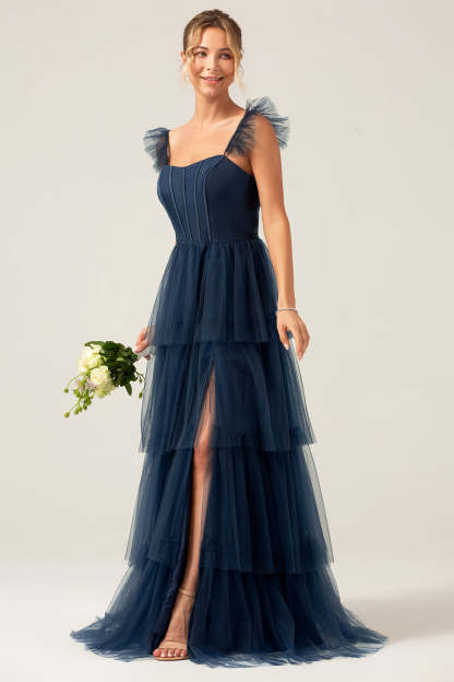 Plus Size Eucalyptus Detachable Straps A Line Tiered Maxi Bridesmaid Dress with Slit