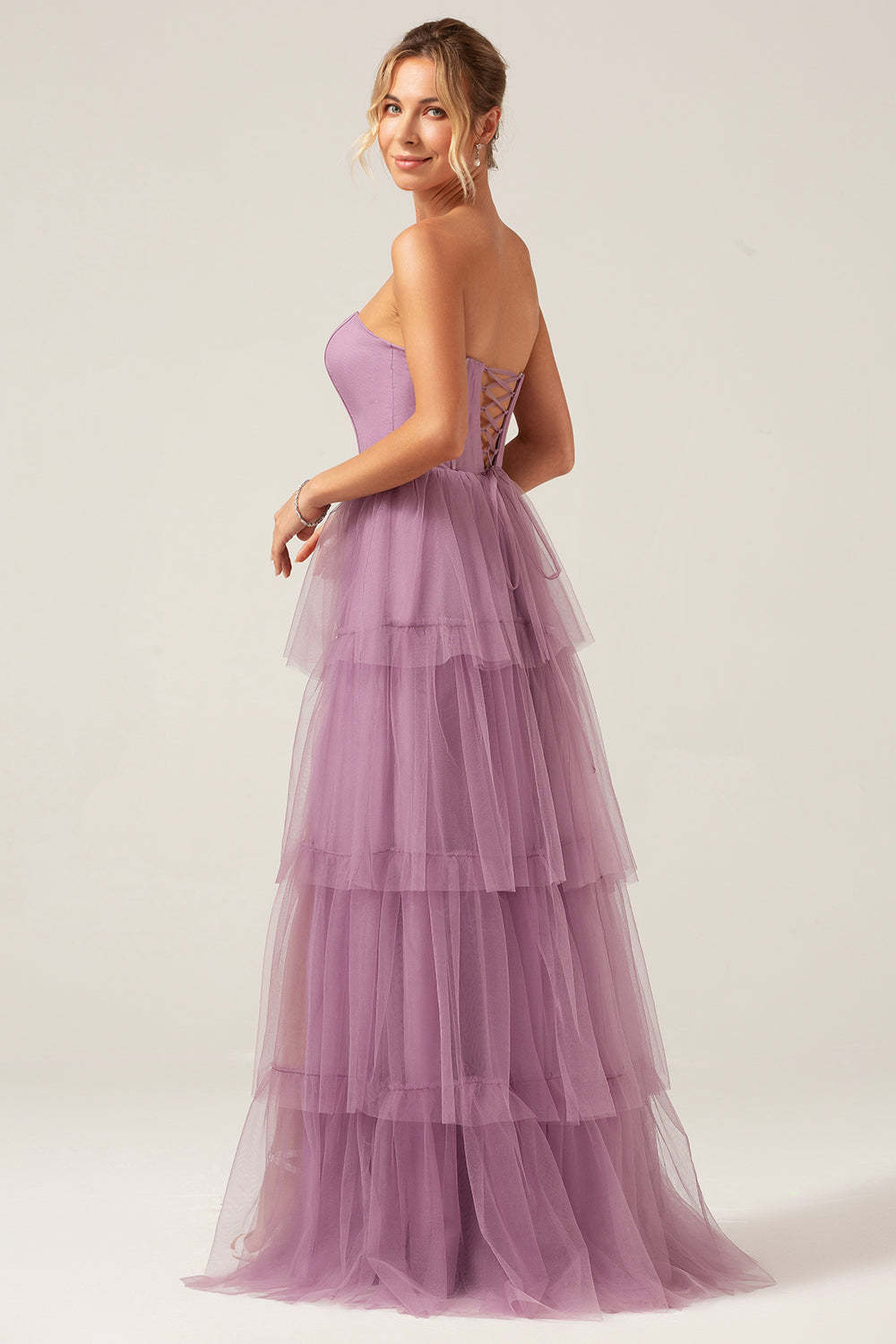 Plus Size Eucalyptus Detachable Straps A Line Tiered Maxi Bridesmaid Dress with Slit