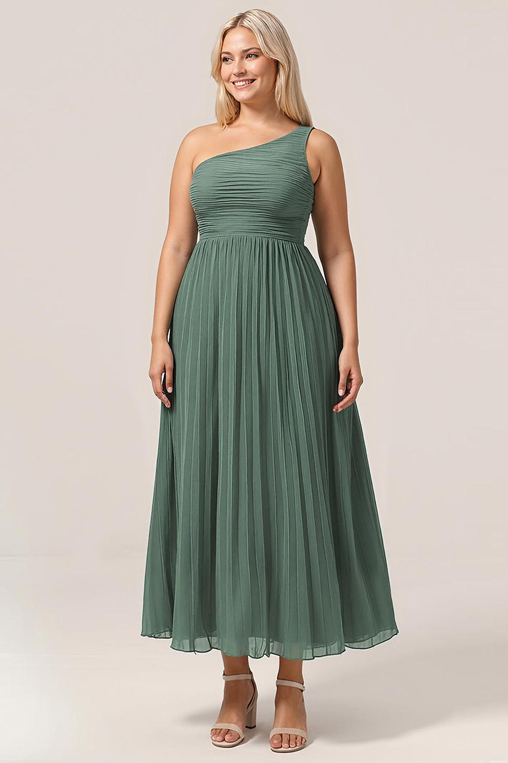 Plus Size A Line Pleated One Shoulder Eucalyptus Long Bridesmaid Dress