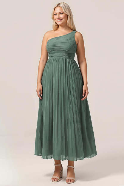 Plus Size A Line Pleated One Shoulder Eucalyptus Long Bridesmaid Dress