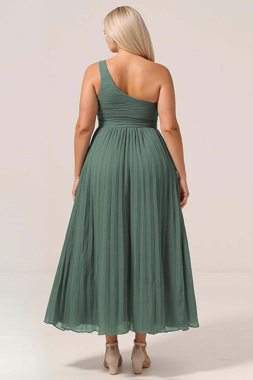 Plus Size A Line Pleated One Shoulder Eucalyptus Long Bridesmaid Dress