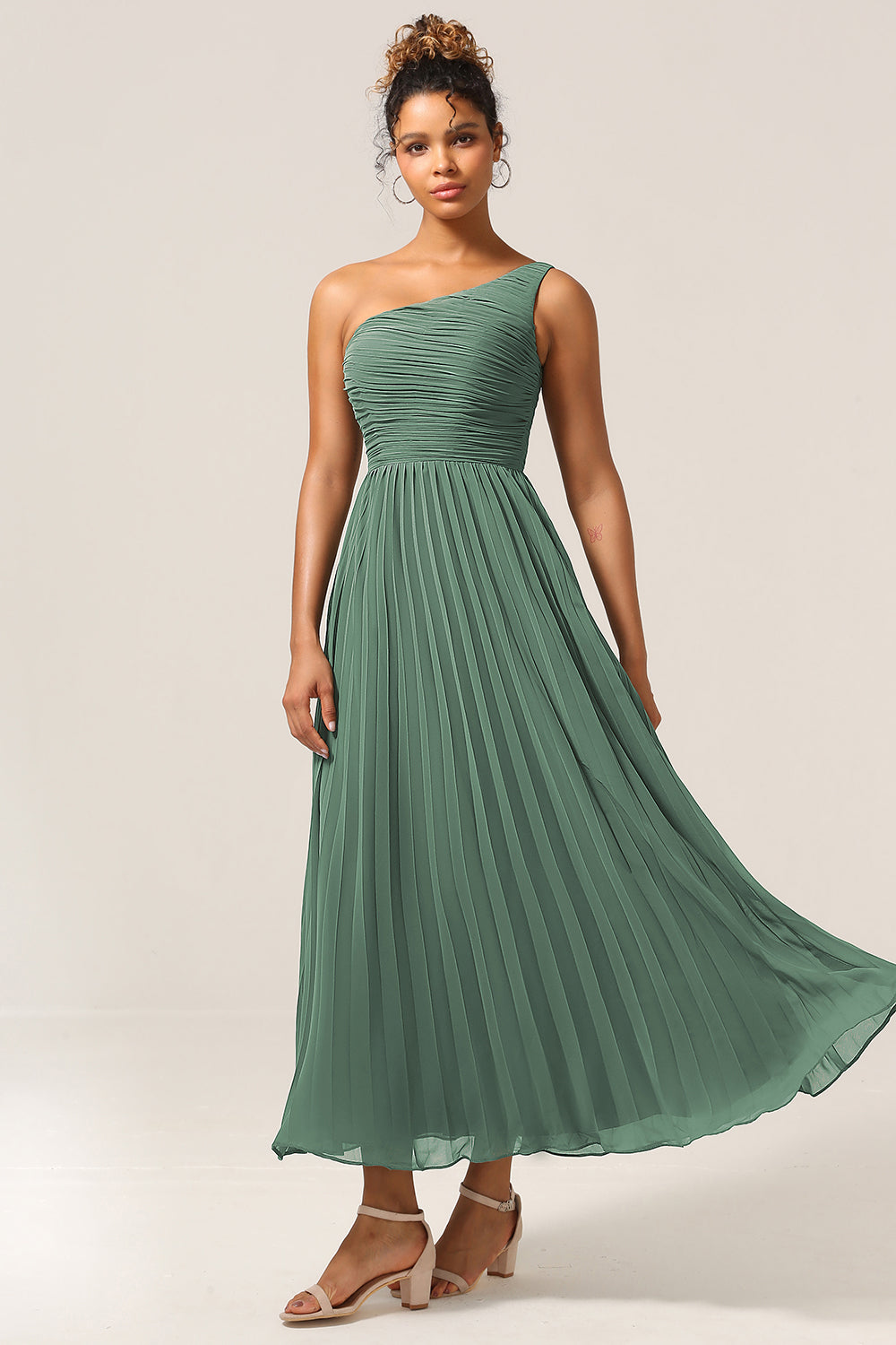 Plus Size A Line Pleated One Shoulder Eucalyptus Long Bridesmaid Dress