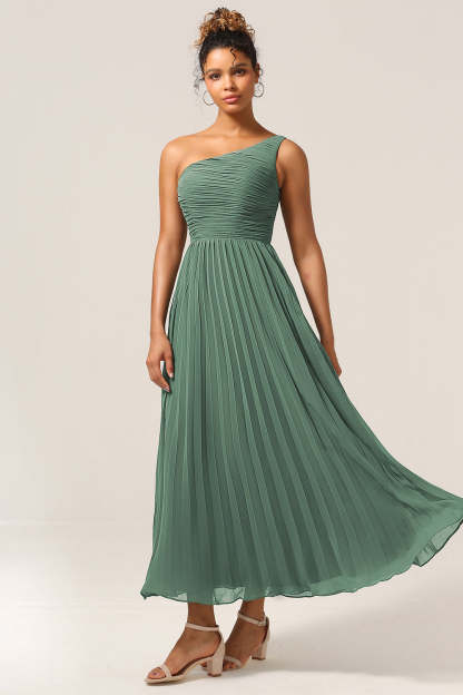 Plus Size A Line Pleated One Shoulder Eucalyptus Long Bridesmaid Dress