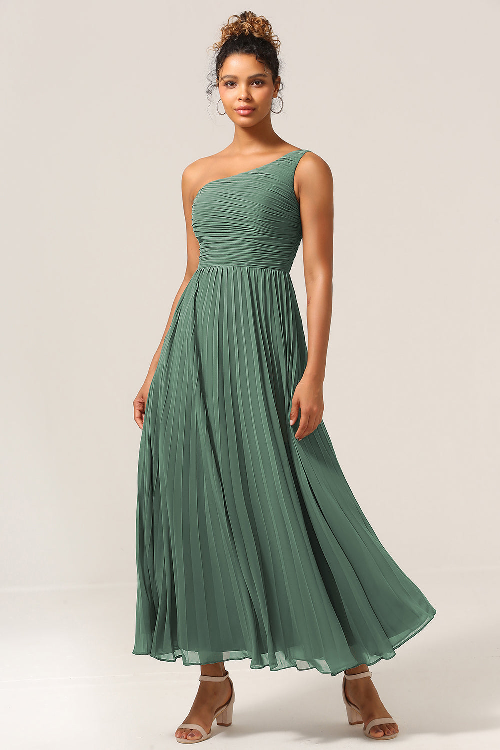 Plus Size A Line Pleated One Shoulder Eucalyptus Long Bridesmaid Dress