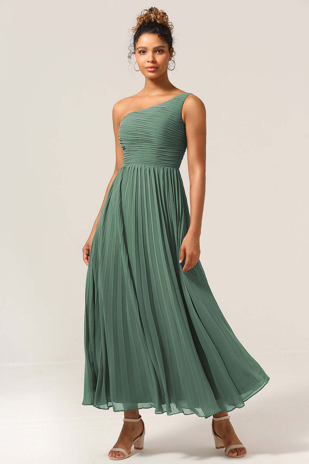 Plus Size A Line Pleated One Shoulder Eucalyptus Long Bridesmaid Dress