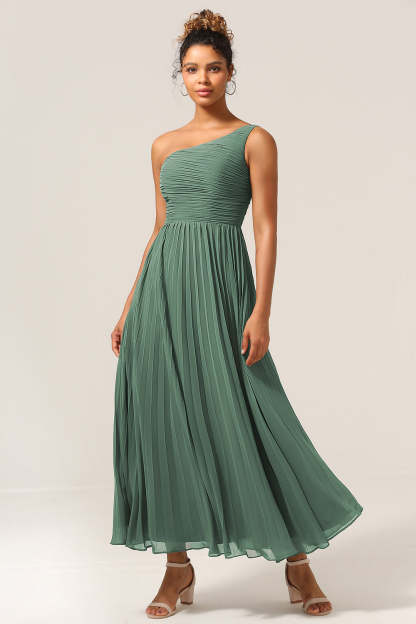 Plus Size A Line Pleated One Shoulder Eucalyptus Long Bridesmaid Dress