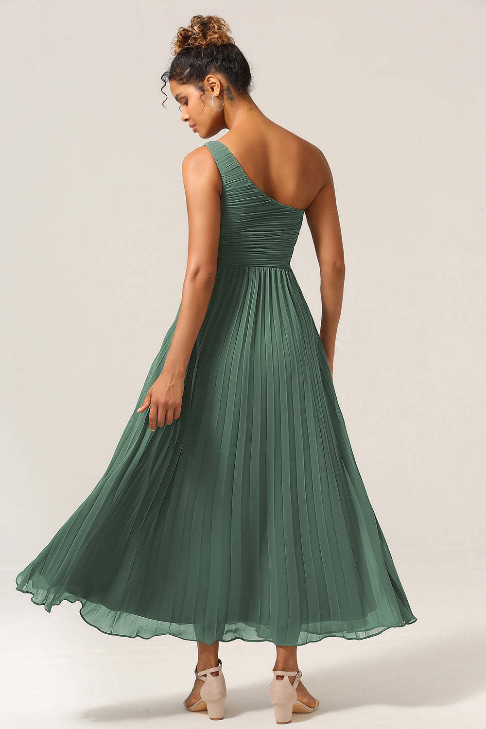 Plus Size A Line Pleated One Shoulder Eucalyptus Long Bridesmaid Dress