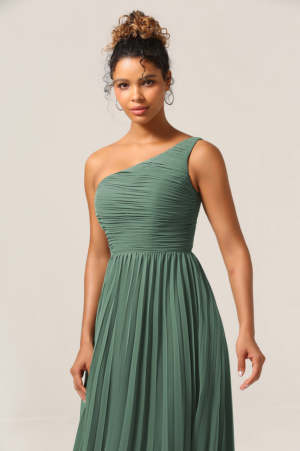 Plus Size A Line Pleated One Shoulder Eucalyptus Long Bridesmaid Dress