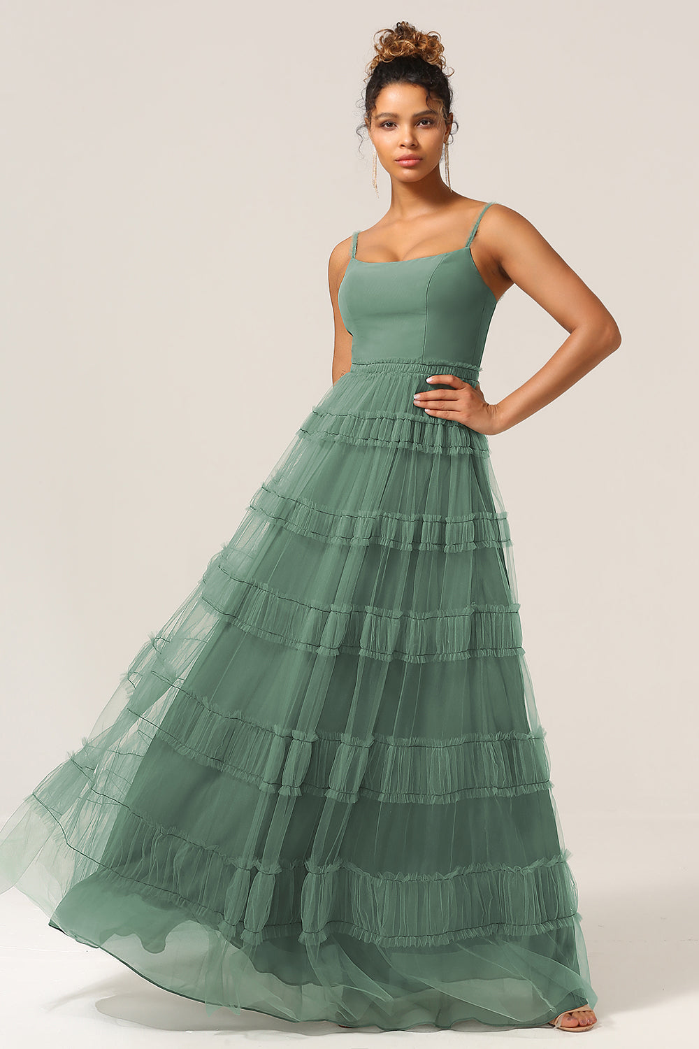 Tulle Spaghetti Strap A-line Floor Length Bridesmaid Dress