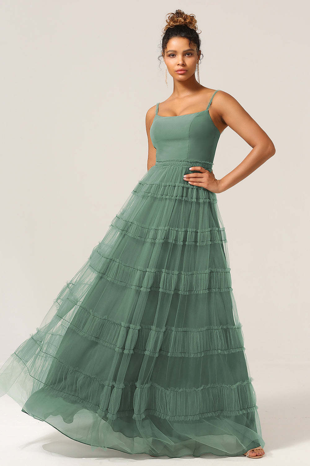 Gorgeous Plus Size A Line Spaghetti Straps Eucalyptus Tulle Long Bridesmaid Dress