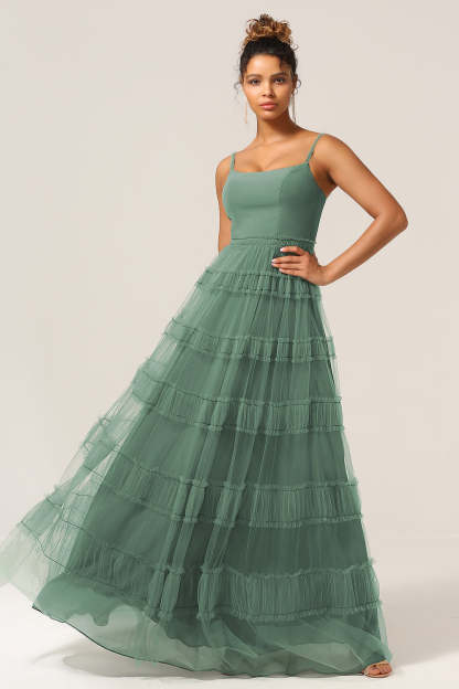 Gorgeous Plus Size A Line Spaghetti Straps Eucalyptus Tulle Long Bridesmaid Dress