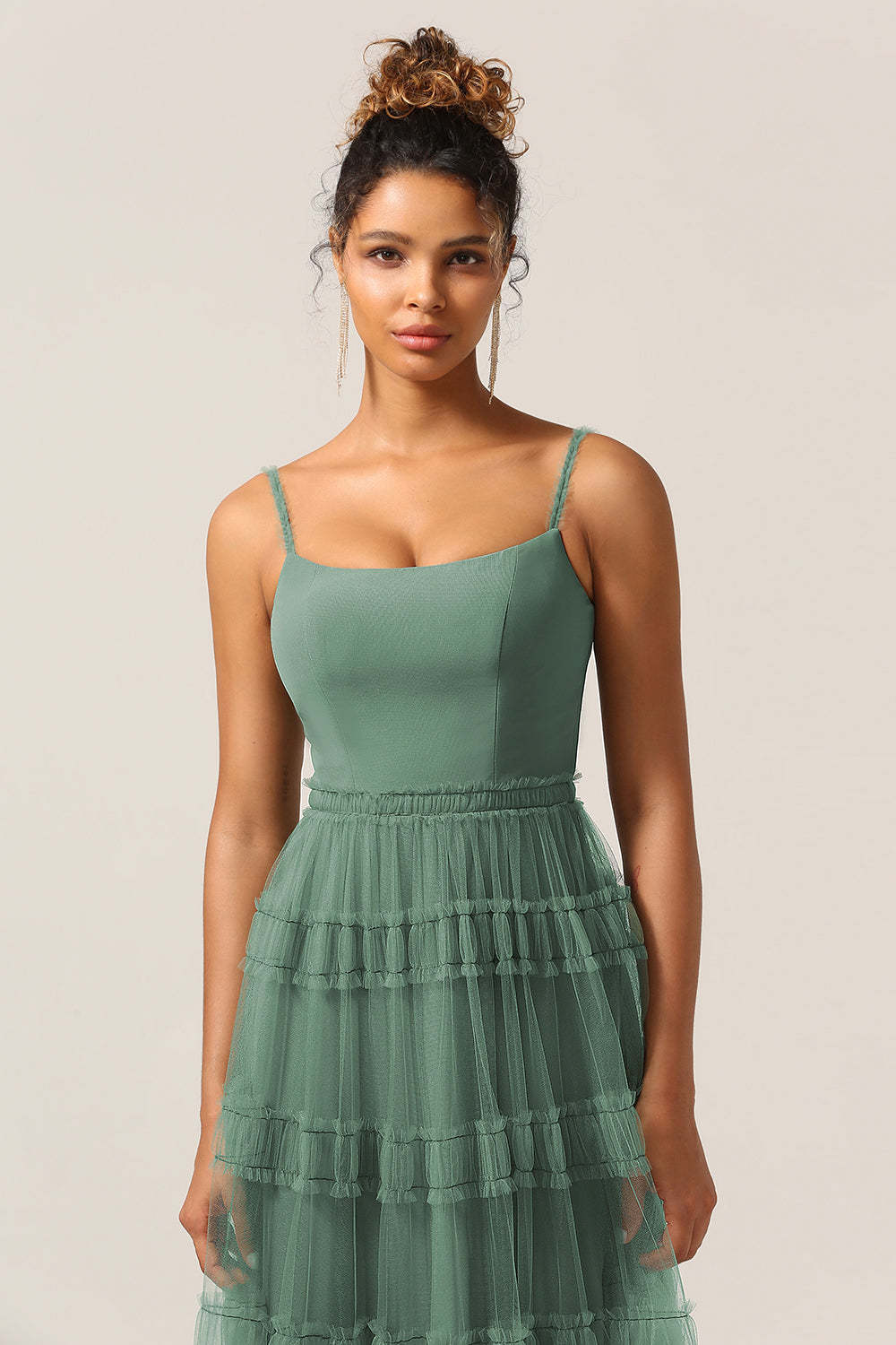 Gorgeous Plus Size A Line Spaghetti Straps Eucalyptus Tulle Long Bridesmaid Dress