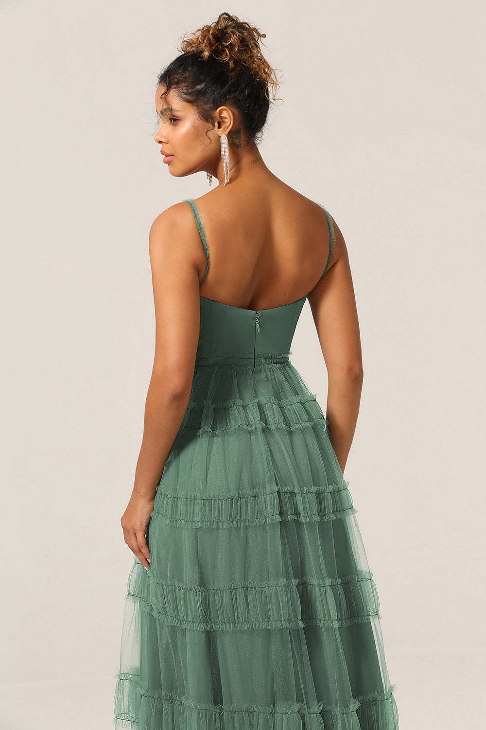 Gorgeous Plus Size A Line Spaghetti Straps Eucalyptus Tulle Long Bridesmaid Dress