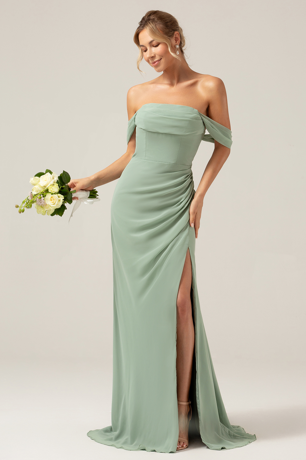 Dusty Sage Off the Shoulder Sheath Chiffon Bridesmaid Dress With Slit