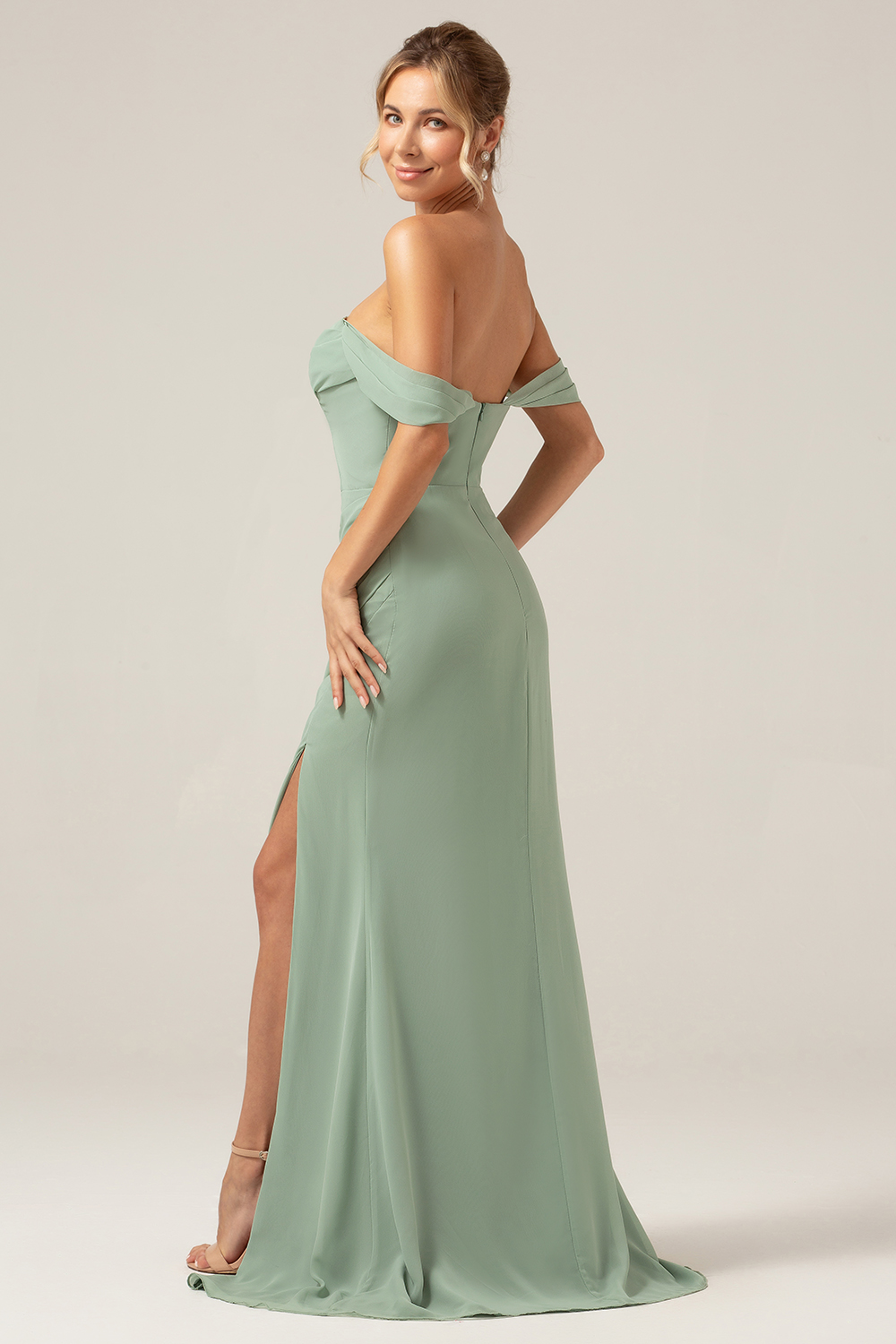 Dusty Sage Off the Shoulder Sheath Chiffon Bridesmaid Dress With Slit