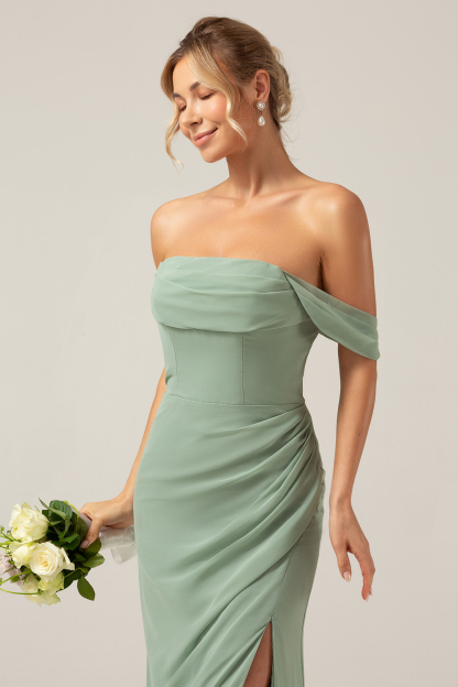 Dusty Sage Off the Shoulder Sheath Chiffon Bridesmaid Dress With Slit