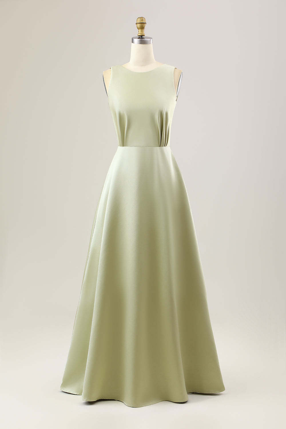 Leely Women Dusty Sage Bridesmaid Jewel Neck A Line Long Green Satin Wedding Party Dress