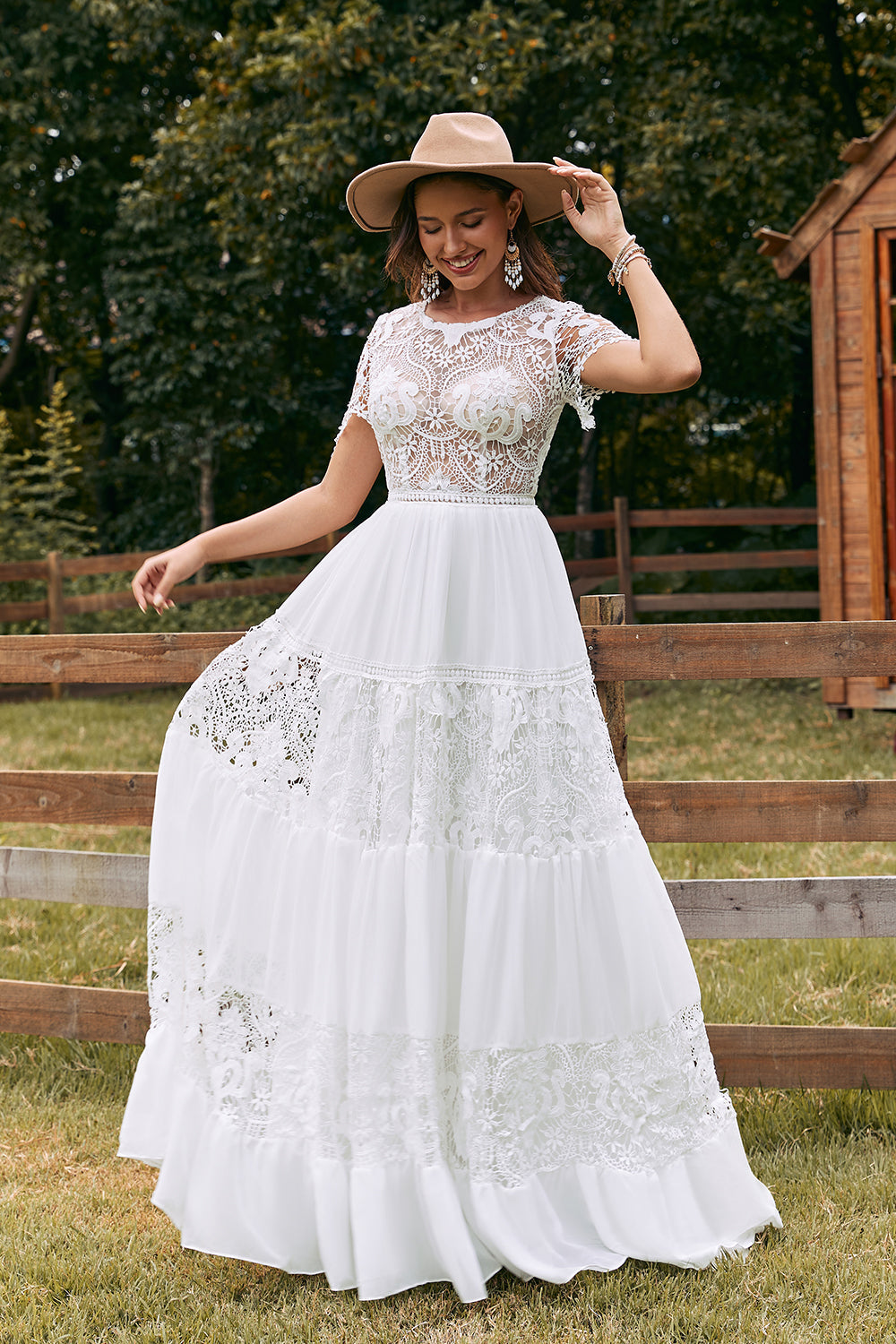 Ivory A Line Chiffon Wedding Dress with Appliqued Lace
