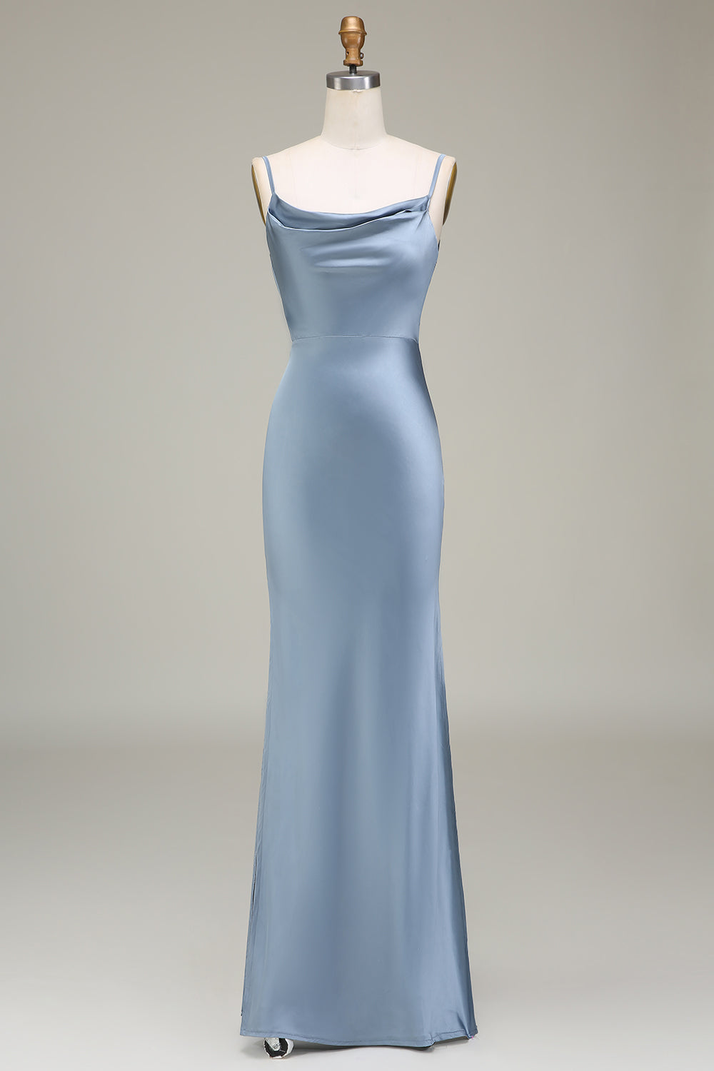 Leely Women Dusty Blue Sheath Spaghetti Straps Satin Long Bridesmaid Dress