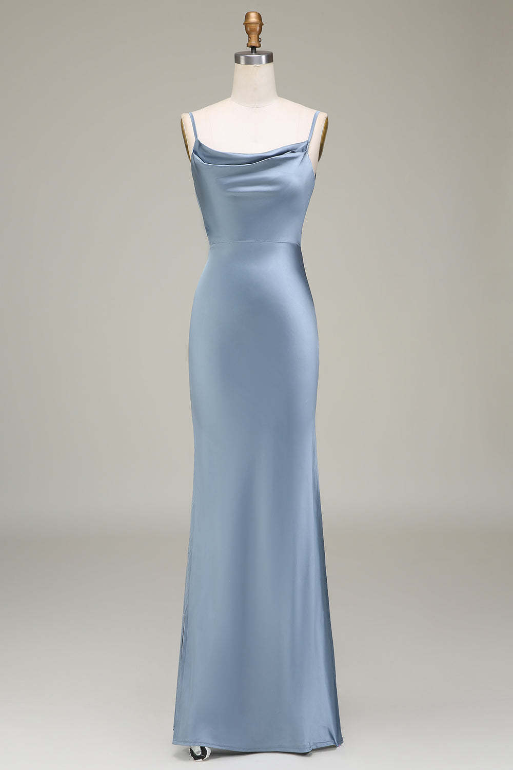 Leely Women Dusty Blue Sheath Spaghetti Straps Satin Long Bridesmaid Dress