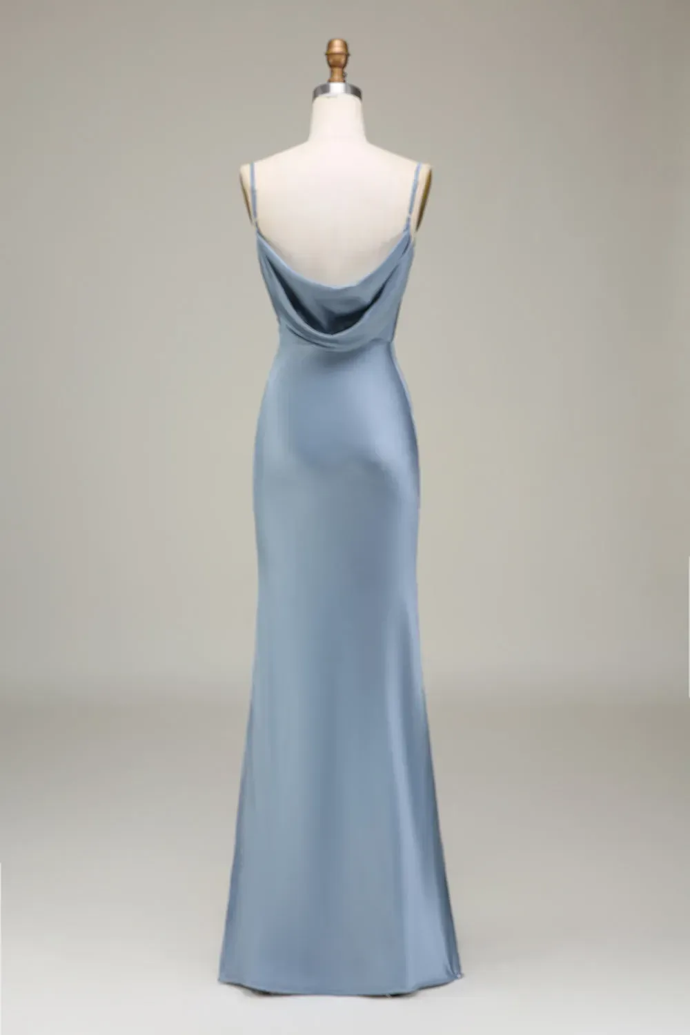 Dusty Blue Cowl Neck Sheath Satin Bridesmaid Dress with Slit